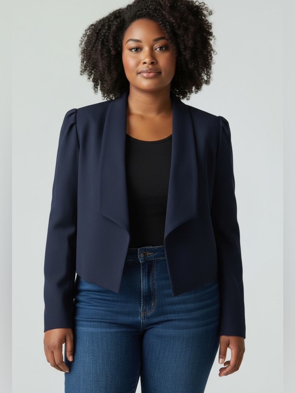 NEW Louis Feraud Marine Blue Cropped Open Front Blazer Jacket Size 14
